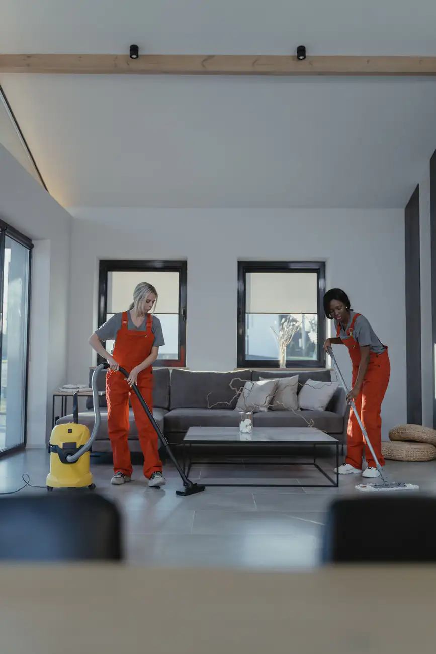 Living room cleaning | Carpet cleaning in Newcastle Two cleaning professionals working in a bright modern living room, carpet cleaning in Newcastle